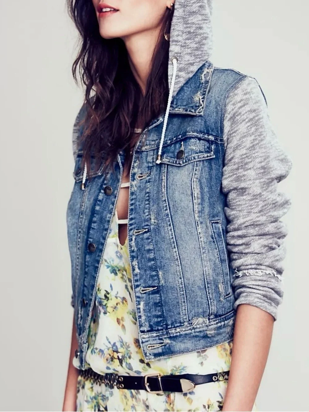 Free People Distressed Denim Jacket Knit Hood & Sleeves Dark Blue Wash - Picture 5 of 10